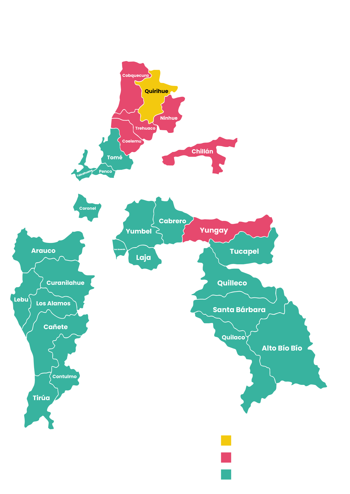 Mapa de las comunas de Ñuble y Biobío donde la ONG tiene proyectos, con la sede administrativa en Quirihue